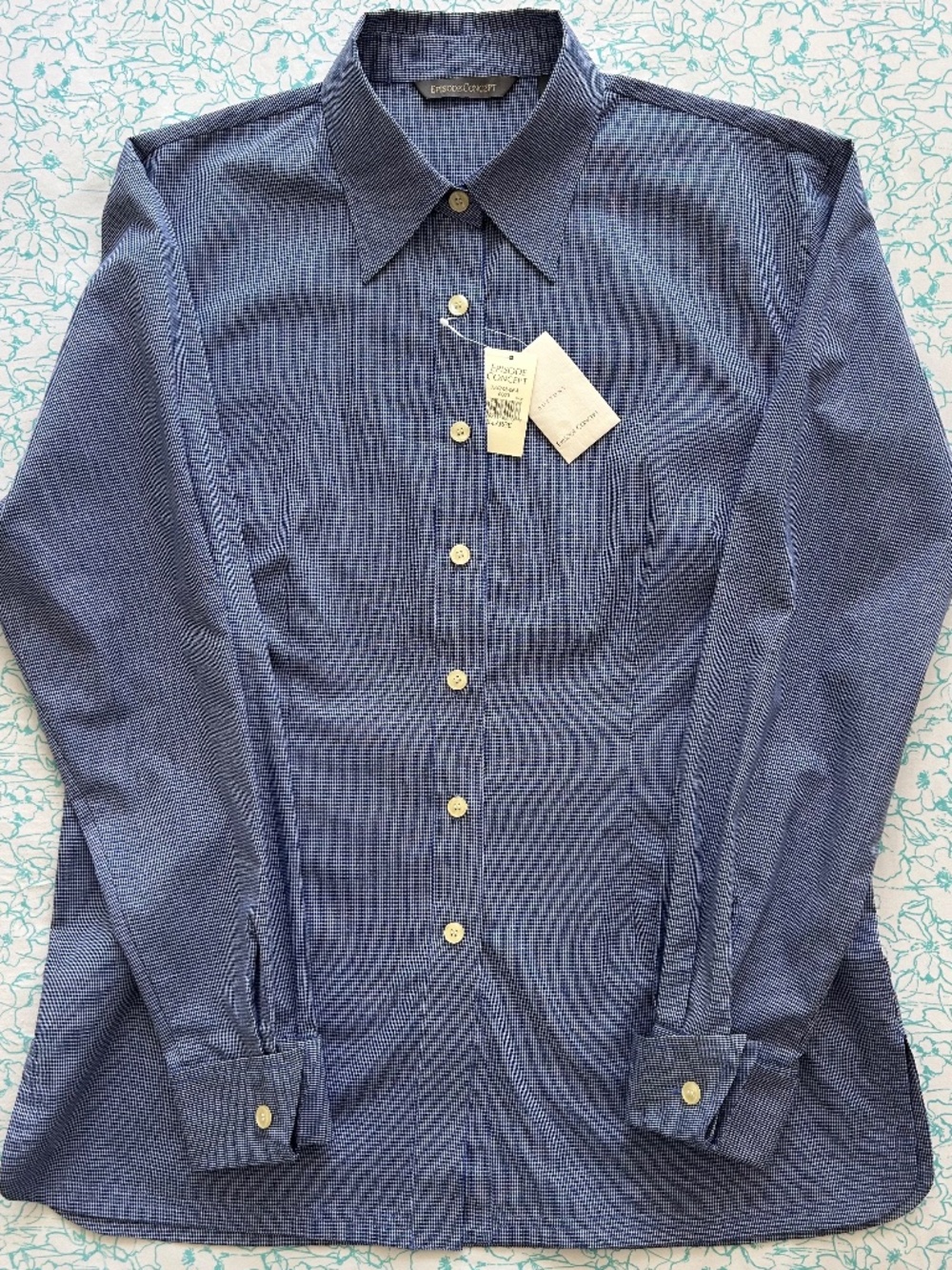 NWT Episode Concept Women's Blue Micro Check Button Down Shirt XL 100% Cotton